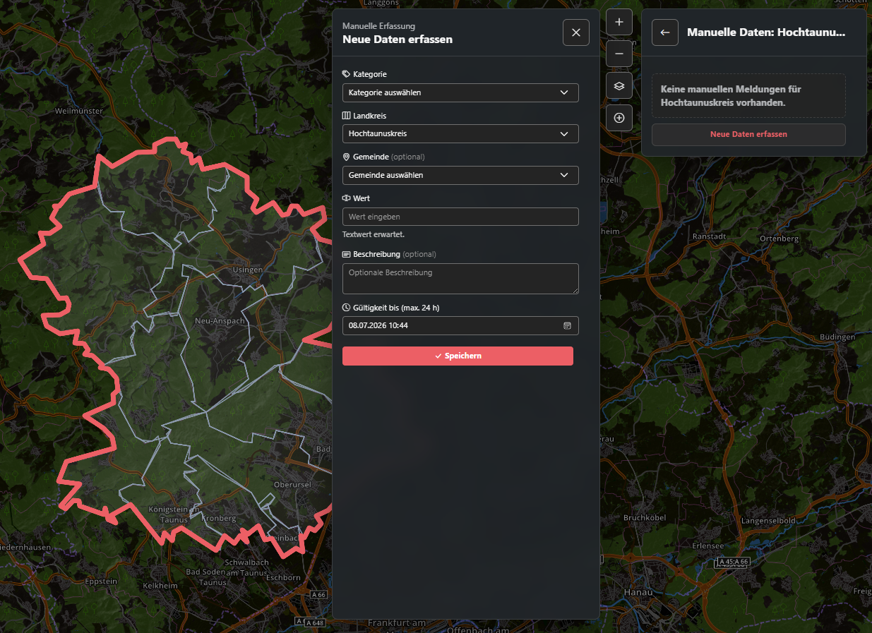 Screenshot der manuellen Datenerfassung im ARIX Lageportal